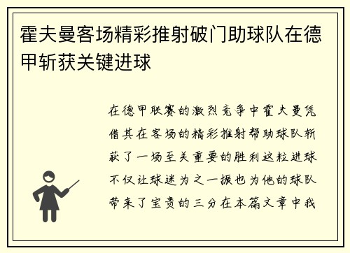 霍夫曼客场精彩推射破门助球队在德甲斩获关键进球